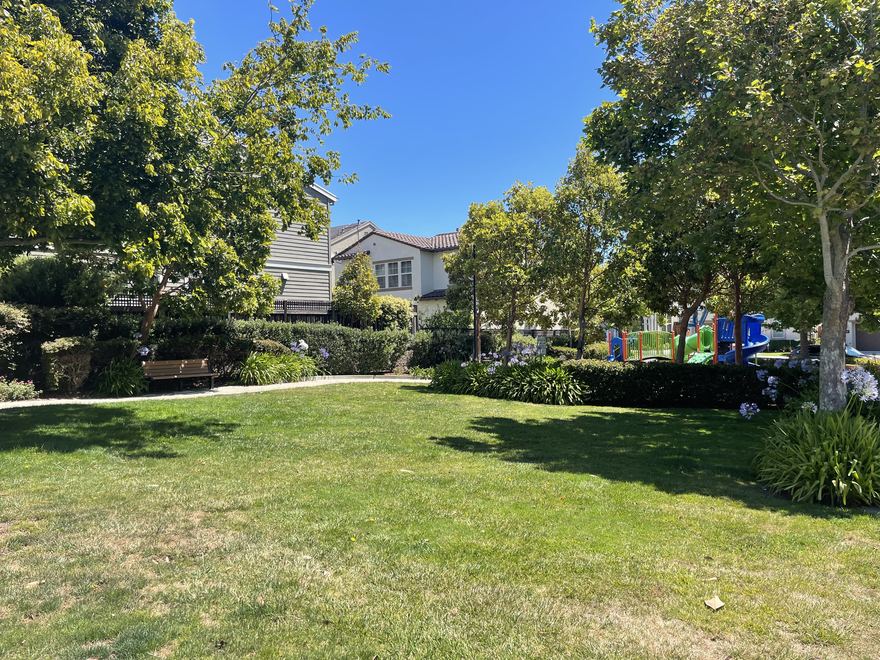An open green lawn bordered by trees and townhomes in Merimont.
